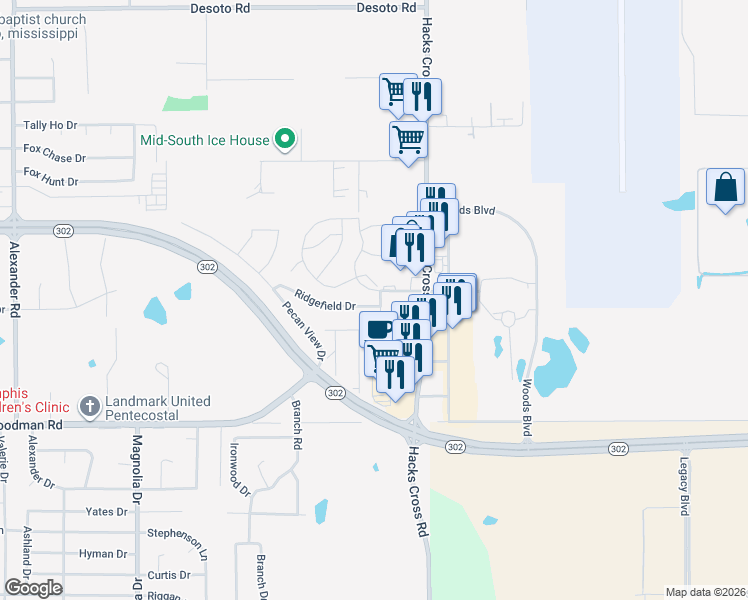 map of restaurants, bars, coffee shops, grocery stores, and more near 10860 Ridgefield Drive in Olive Branch