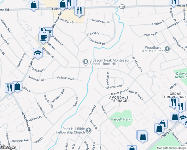 map of restaurants, bars, coffee shops, grocery stores, and more near 1521 Hollythorne Drive in Rock Hill