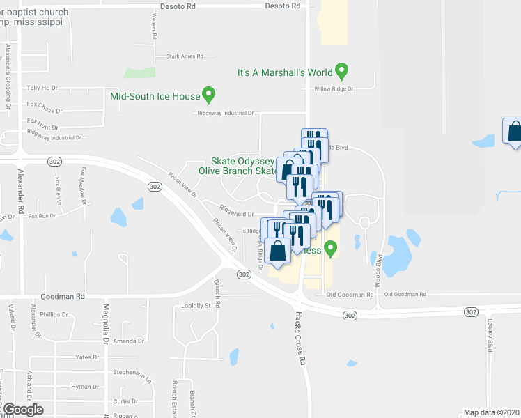 map of restaurants, bars, coffee shops, grocery stores, and more near 10824 Ridgefield Drive in Olive Branch