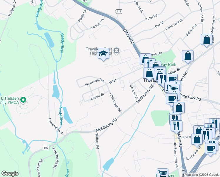 map of restaurants, bars, coffee shops, grocery stores, and more near 3 Little Creek Road in Travelers Rest