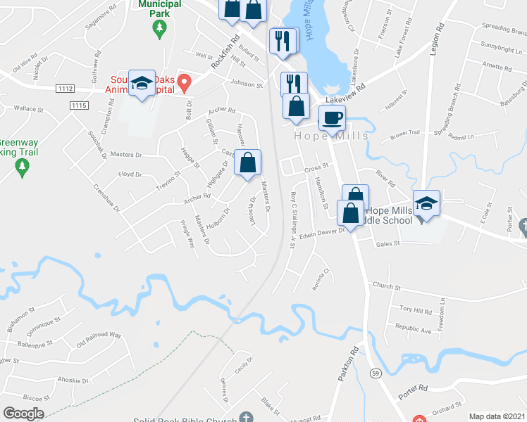 map of restaurants, bars, coffee shops, grocery stores, and more near 3232 Masters Drive in Hope Mills