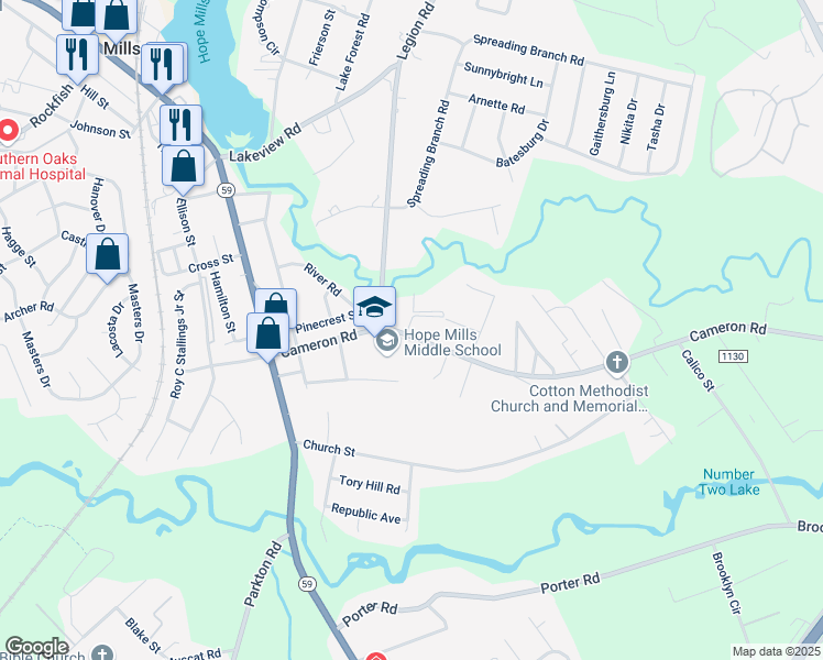 map of restaurants, bars, coffee shops, grocery stores, and more near 4093 Professional Drive in Hope Mills