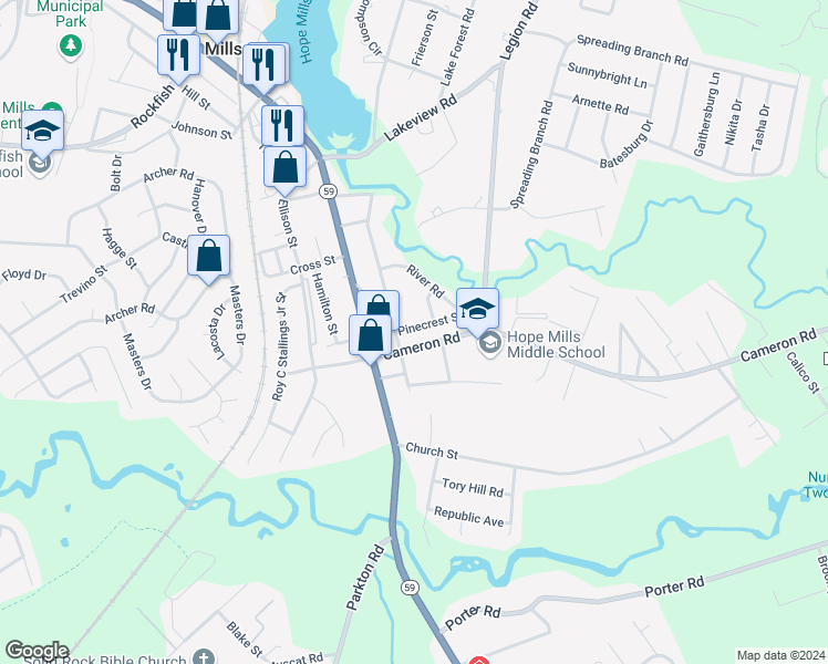 map of restaurants, bars, coffee shops, grocery stores, and more near 5457 Pinecrest Street in Hope Mills