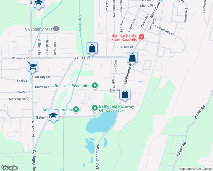 map of restaurants, bars, coffee shops, grocery stores, and more near 109 Shearer Drive in Rossville
