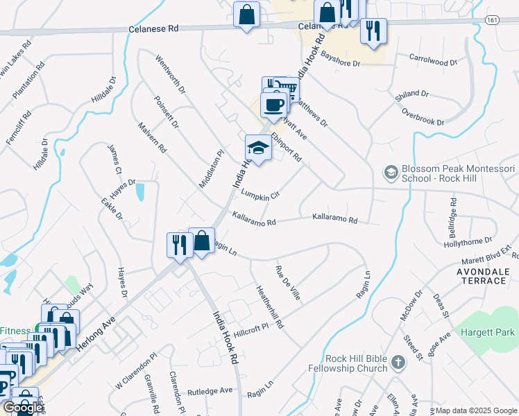 map of restaurants, bars, coffee shops, grocery stores, and more near 2018 State Route 598 in Rock Hill