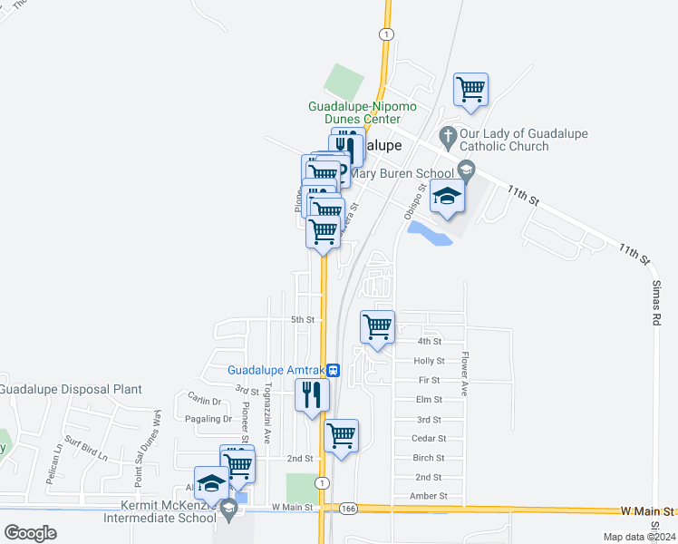 map of restaurants, bars, coffee shops, grocery stores, and more near 738 Olivera Street in Guadalupe