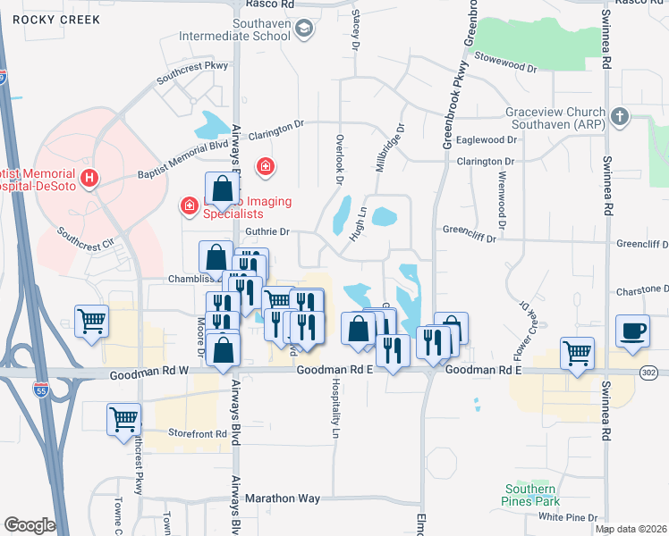map of restaurants, bars, coffee shops, grocery stores, and more near 207 Tackett Run in Southaven