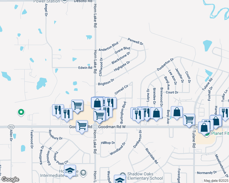 map of restaurants, bars, coffee shops, grocery stores, and more near 3860 Conrail Circle in Horn Lake