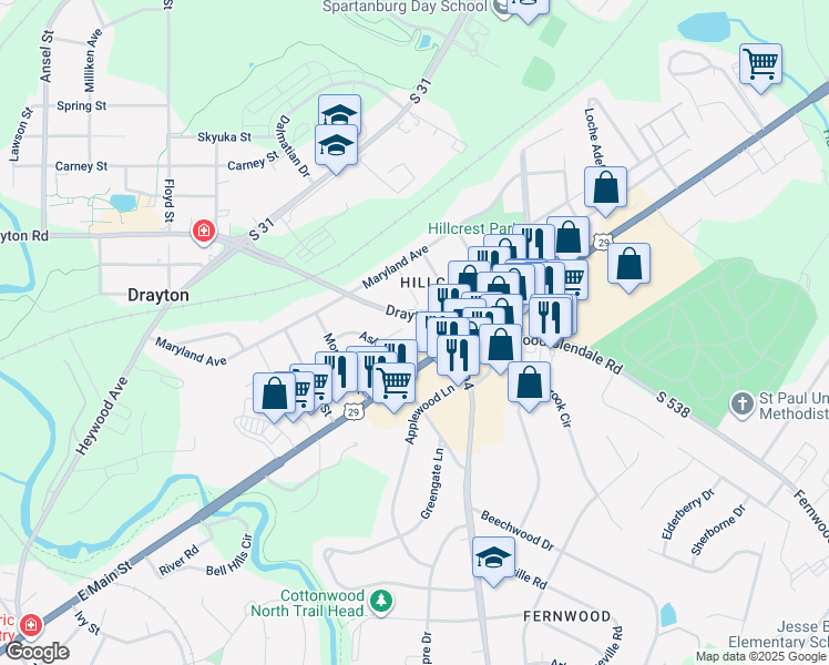 map of restaurants, bars, coffee shops, grocery stores, and more near 1435 Old Charlotte Road in Spartanburg
