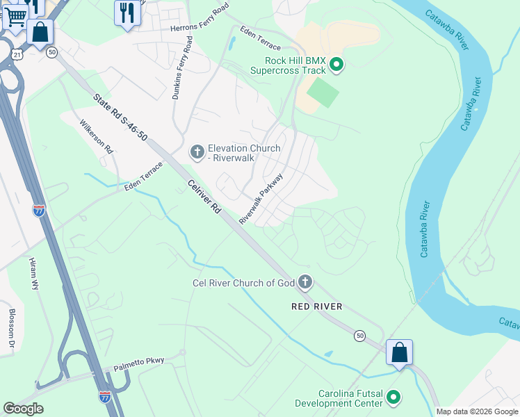 map of restaurants, bars, coffee shops, grocery stores, and more near 323 Luray Way in Rock Hill