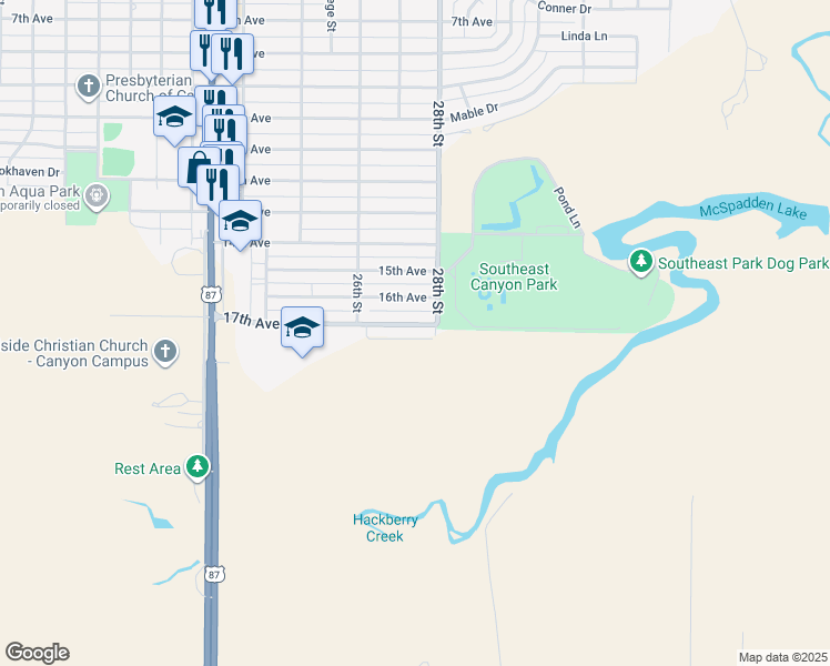 map of restaurants, bars, coffee shops, grocery stores, and more near 2618 17th Ave in Canyon