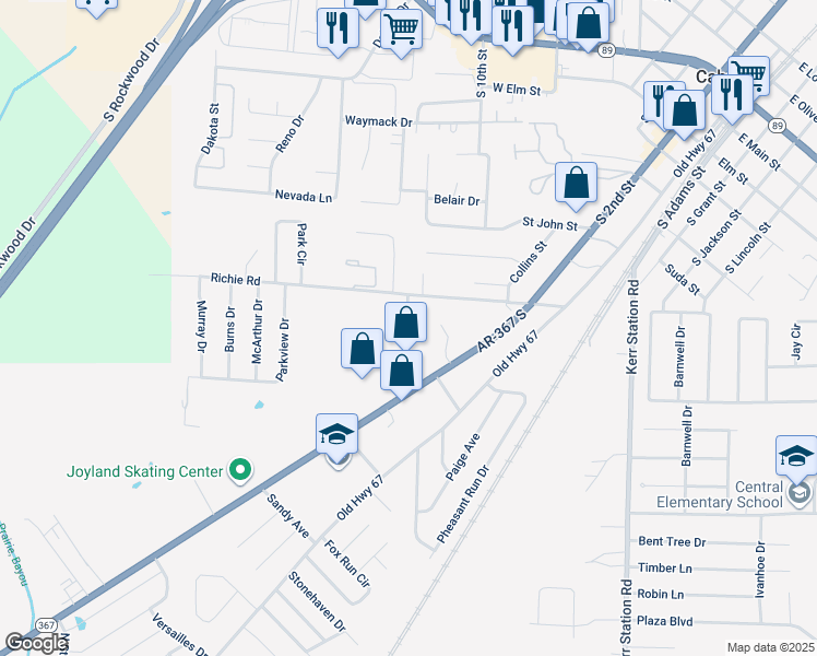 map of restaurants, bars, coffee shops, grocery stores, and more near 203 Kilgore Drive in Cabot
