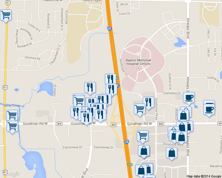 map of restaurants, bars, coffee shops, grocery stores, and more near 7178 Desoto Cove in Horn Lake