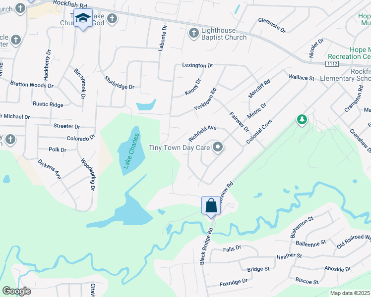 map of restaurants, bars, coffee shops, grocery stores, and more near 5960 Richfield Avenue in Hope Mills