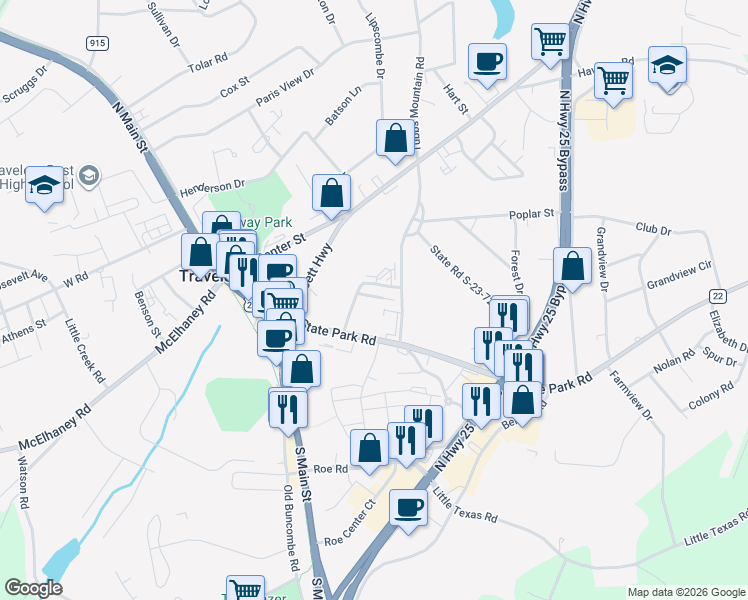 map of restaurants, bars, coffee shops, grocery stores, and more near 16 Rimmon Trail in Travelers Rest