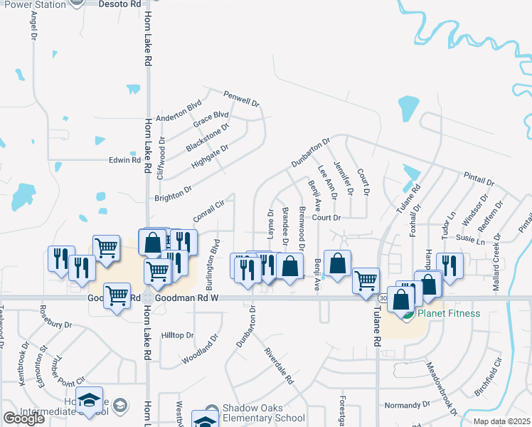 map of restaurants, bars, coffee shops, grocery stores, and more near 7163 Layne Drive in Horn Lake