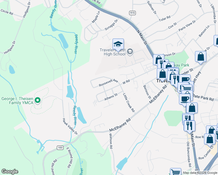 map of restaurants, bars, coffee shops, grocery stores, and more near 3 Bowen Street in Travelers Rest