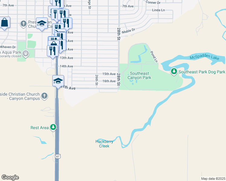 map of restaurants, bars, coffee shops, grocery stores, and more near 2618 17th Ave in Canyon