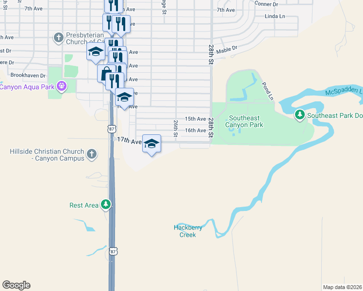 map of restaurants, bars, coffee shops, grocery stores, and more near 2604 17th Avenue in Canyon