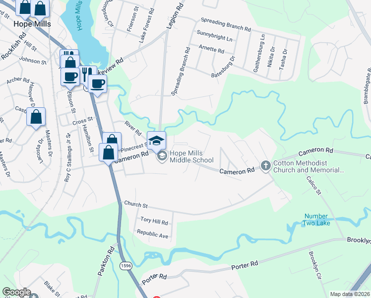 map of restaurants, bars, coffee shops, grocery stores, and more near 4924 Cameron Road in Hope Mills