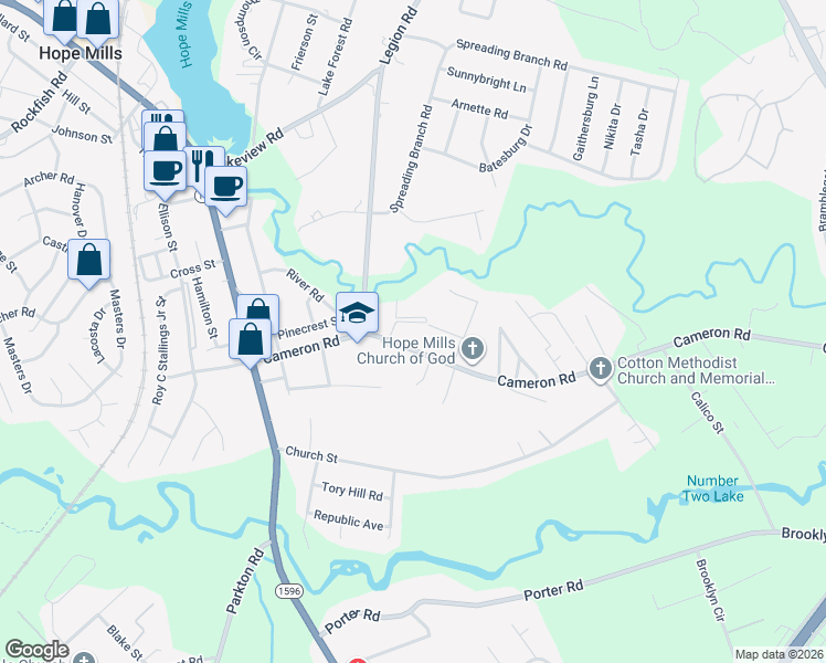 map of restaurants, bars, coffee shops, grocery stores, and more near 4924 Cameron Road in Hope Mills
