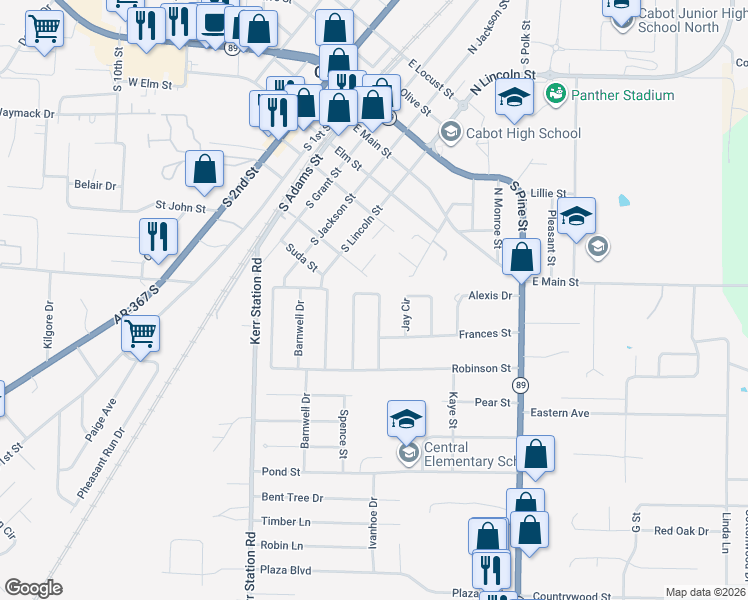 map of restaurants, bars, coffee shops, grocery stores, and more near 33 Meadowlark Drive in Cabot