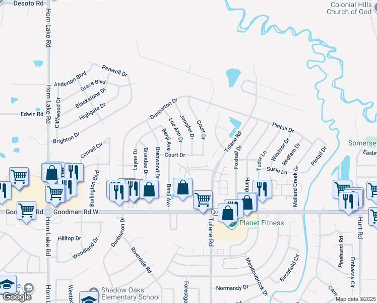 map of restaurants, bars, coffee shops, grocery stores, and more near 7295 Jennifer Drive in Horn Lake