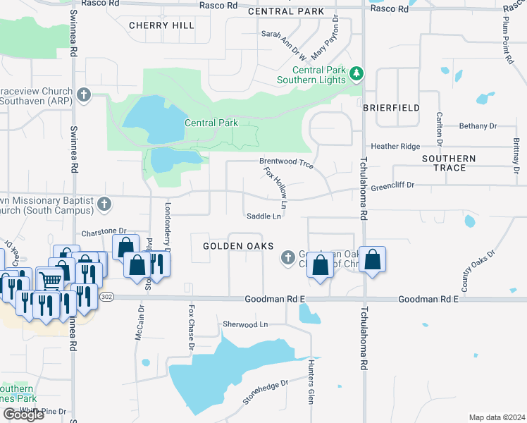 map of restaurants, bars, coffee shops, grocery stores, and more near 1656 Saddle Lane in Southaven