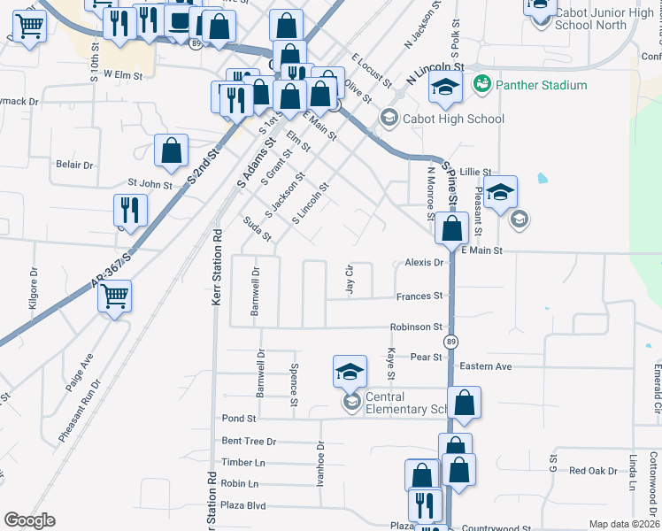 map of restaurants, bars, coffee shops, grocery stores, and more near 33 Meadowlark Drive in Cabot