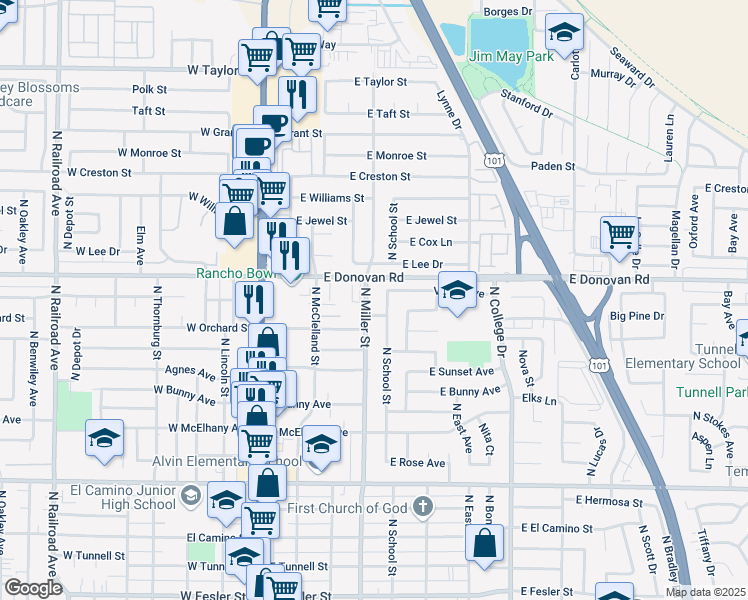 map of restaurants, bars, coffee shops, grocery stores, and more near 1502 North Miller Street in Santa Maria