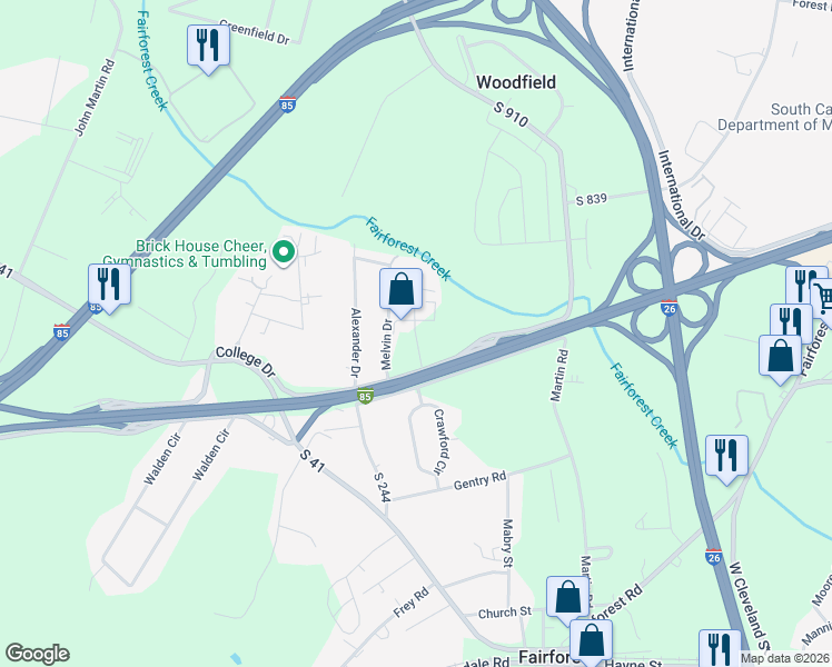 map of restaurants, bars, coffee shops, grocery stores, and more near 140 Interstate Park in Spartanburg