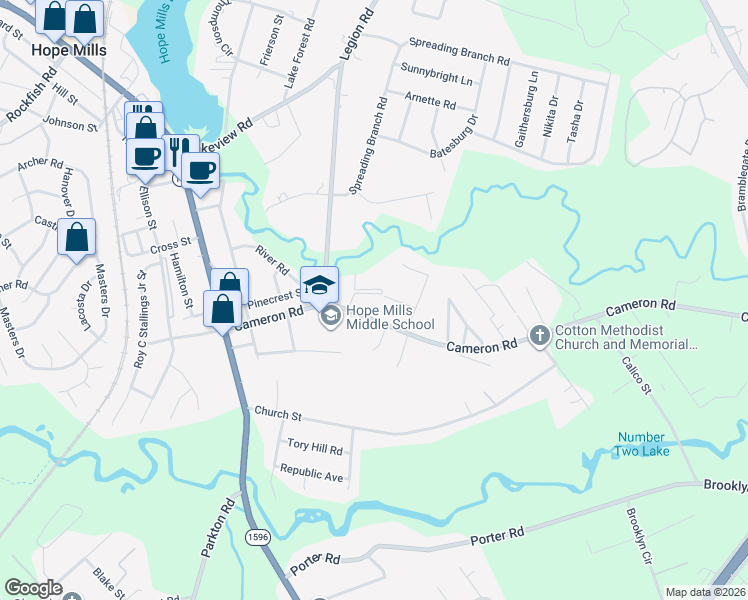 map of restaurants, bars, coffee shops, grocery stores, and more near 4924 Cameron Road in Hope Mills