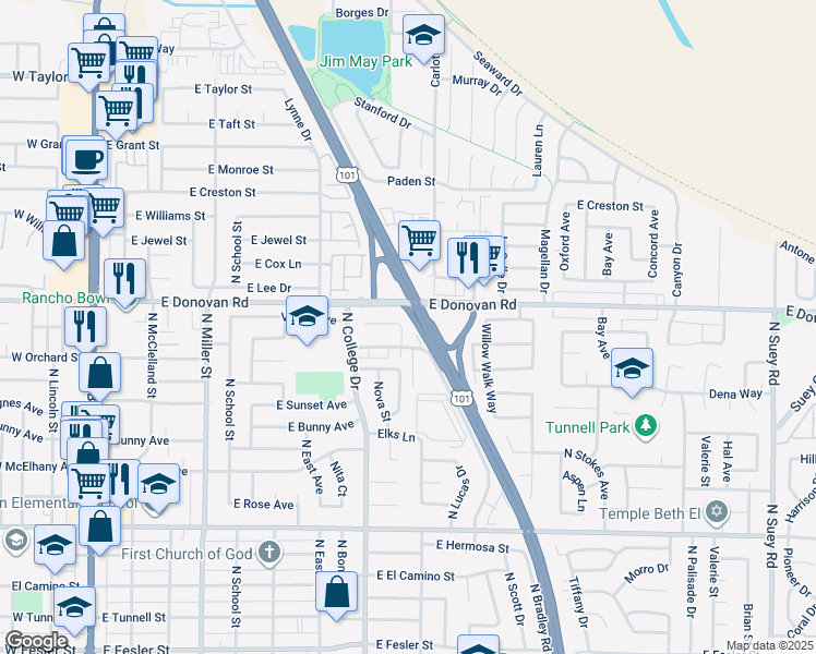 map of restaurants, bars, coffee shops, grocery stores, and more near 863 Harper Court in Santa Maria