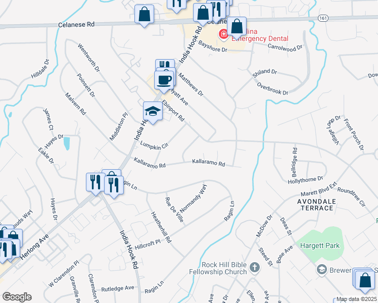 map of restaurants, bars, coffee shops, grocery stores, and more near 1629 Wendover Court in Rock Hill