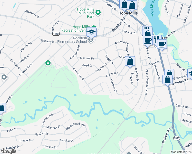 map of restaurants, bars, coffee shops, grocery stores, and more near 5234 Archer Road in Hope Mills