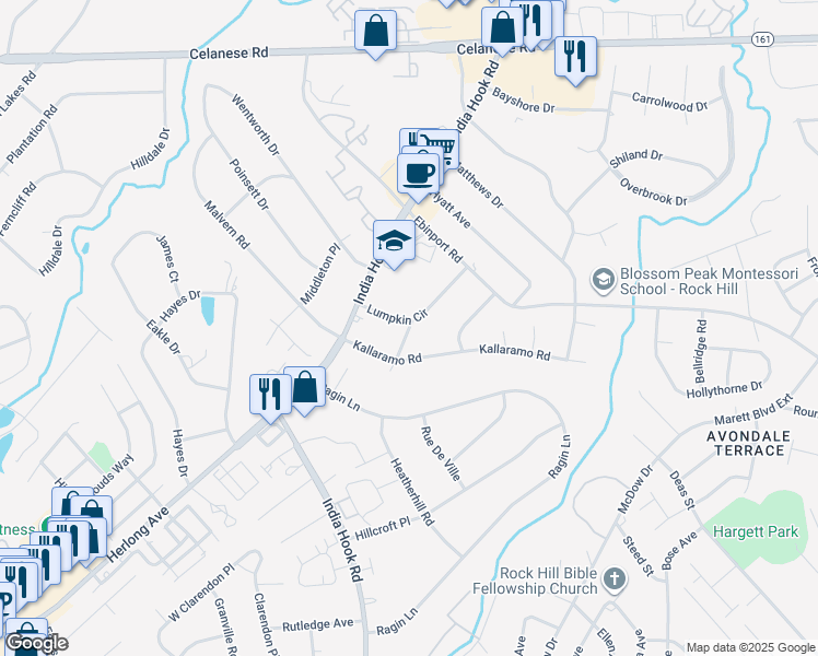 map of restaurants, bars, coffee shops, grocery stores, and more near 2018 State Route 598 in Rock Hill