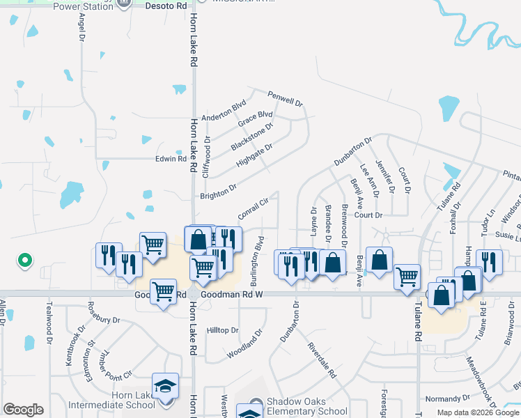 map of restaurants, bars, coffee shops, grocery stores, and more near 3799 Conrail Circle in Horn Lake