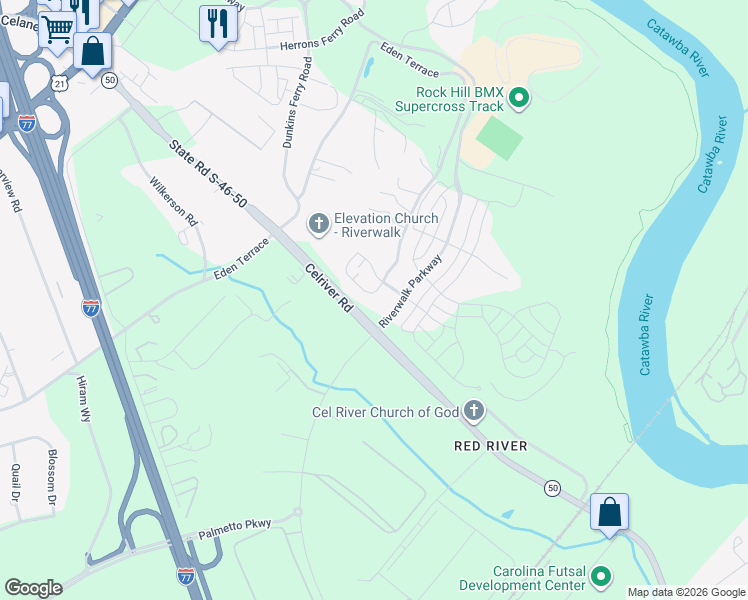 map of restaurants, bars, coffee shops, grocery stores, and more near 264 Auburn View Road in Rock Hill
