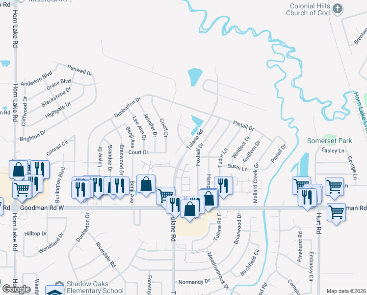 map of restaurants, bars, coffee shops, grocery stores, and more near 7298 Madelyn Cove in Horn Lake
