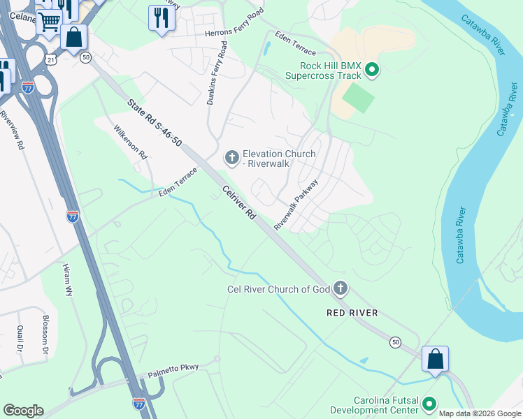 map of restaurants, bars, coffee shops, grocery stores, and more near 264 Auburn View Road in Rock Hill