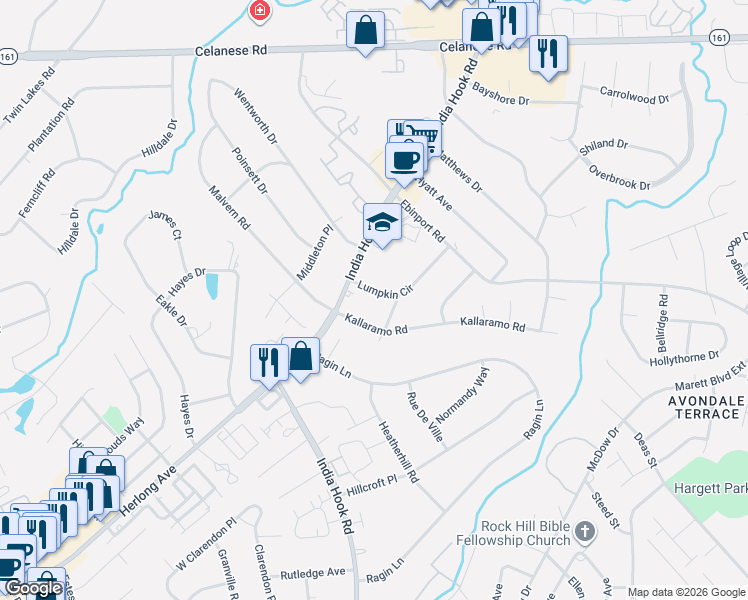 map of restaurants, bars, coffee shops, grocery stores, and more near 2018 State Route 598 in Rock Hill