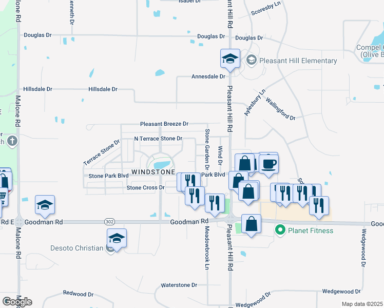 map of restaurants, bars, coffee shops, grocery stores, and more near 7266 Windsong Drive in Olive Branch