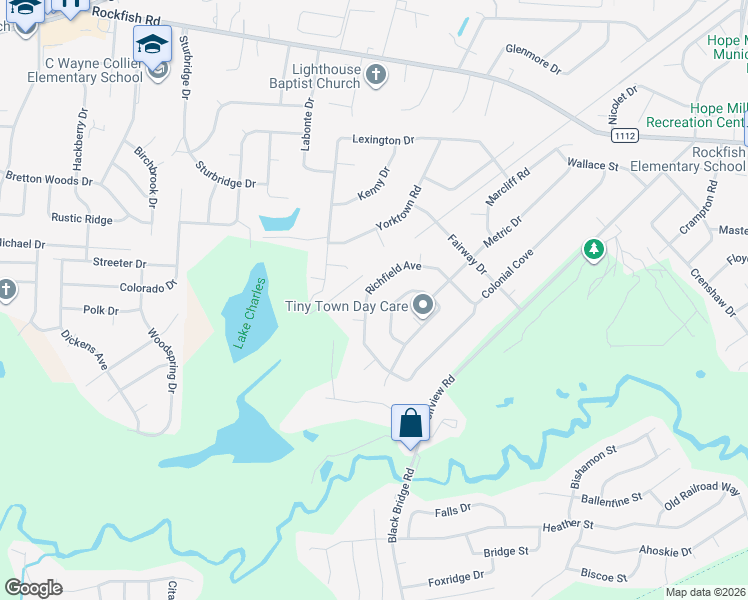 map of restaurants, bars, coffee shops, grocery stores, and more near 5965 Richfield Avenue in Hope Mills