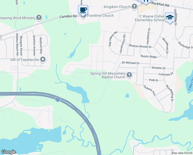 map of restaurants, bars, coffee shops, grocery stores, and more near 3976 Mission Hill Road in Hope Mills