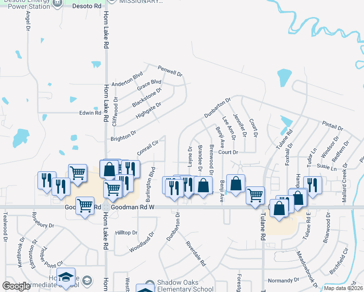 map of restaurants, bars, coffee shops, grocery stores, and more near 7160 Dunbarton Drive in Horn Lake