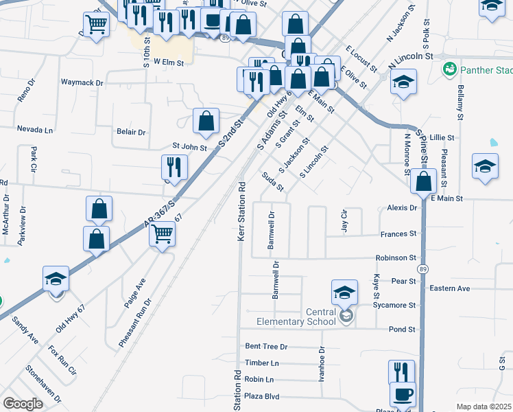 map of restaurants, bars, coffee shops, grocery stores, and more near 21 Oak Meadows Drive in Cabot