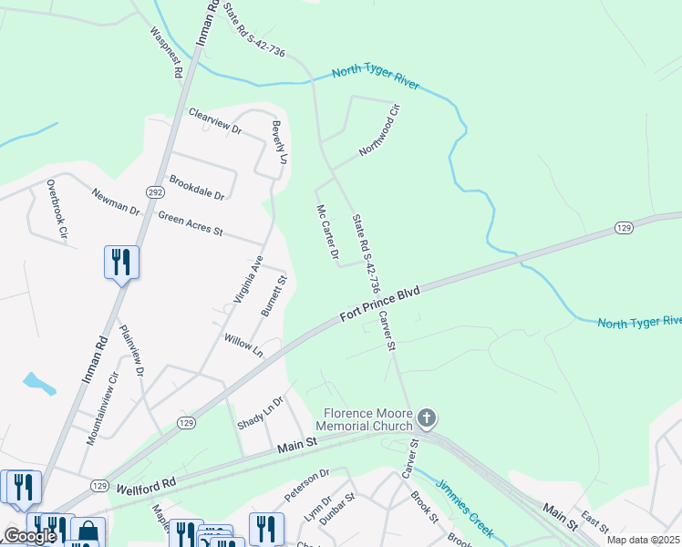 map of restaurants, bars, coffee shops, grocery stores, and more near 210 Mc Carter Drive in Wellford