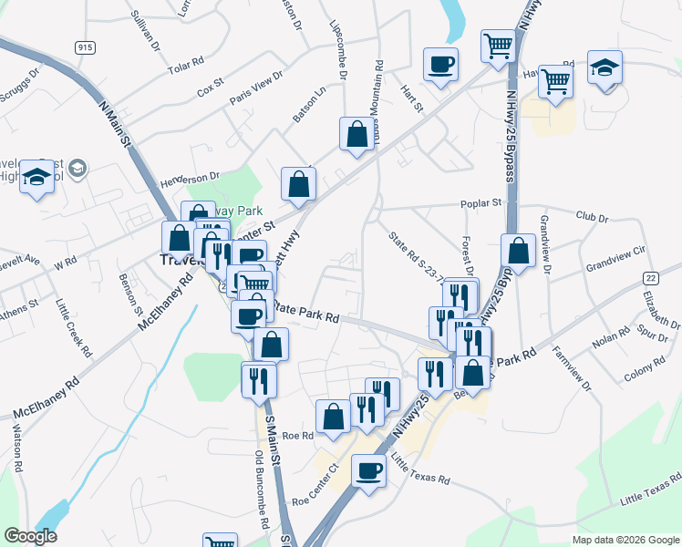 map of restaurants, bars, coffee shops, grocery stores, and more near 16 Rimmon Trail in Travelers Rest
