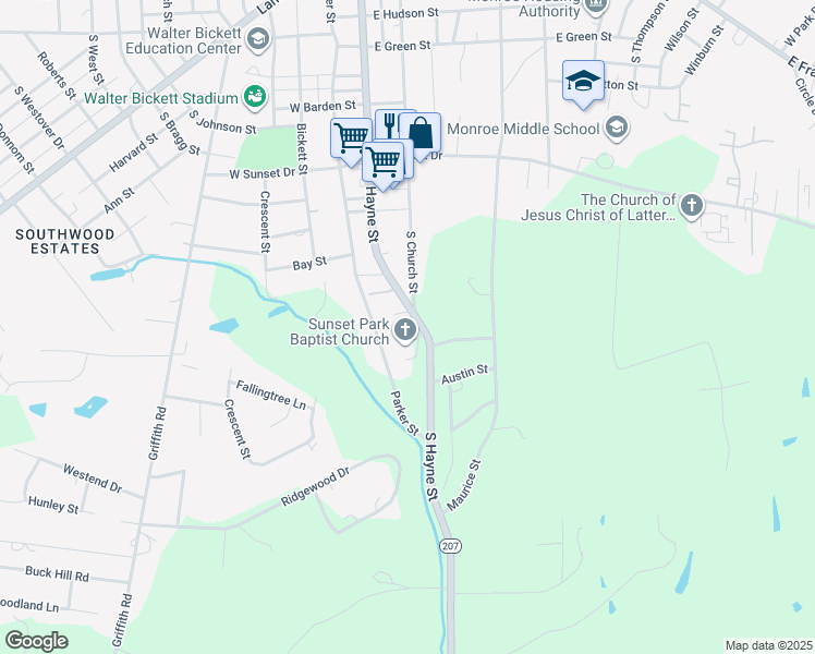 map of restaurants, bars, coffee shops, grocery stores, and more near 1308 South Hayne Street in Monroe
