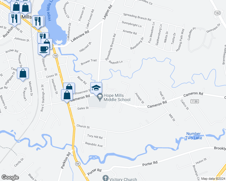 map of restaurants, bars, coffee shops, grocery stores, and more near 4059 Professional Drive in Hope Mills